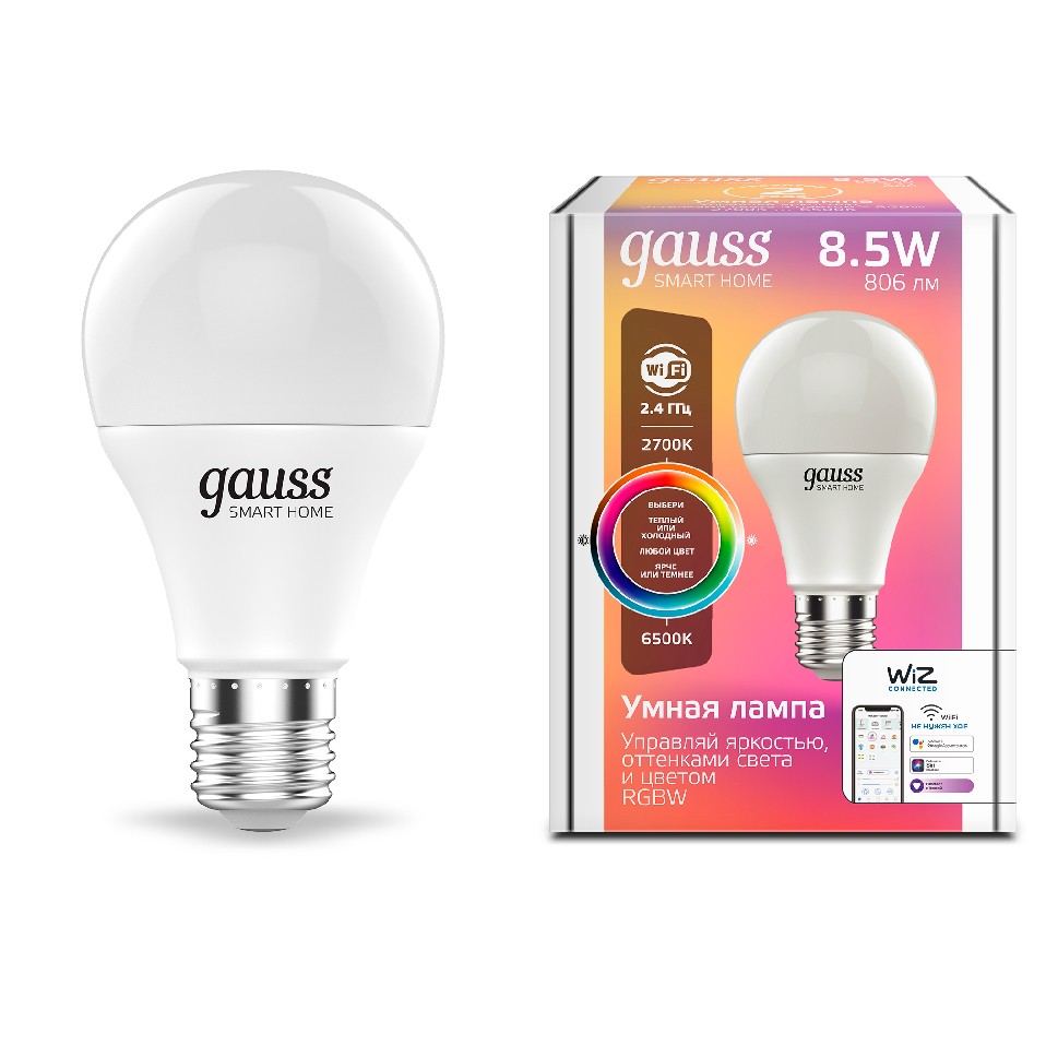 1170112 Лампа Gauss Smart Home A60 8,5W 806lm 2700-6500К E27  RGBW+изм.цвет.темп.+диммирование LED 1/10/40 купить за 929<span  class=