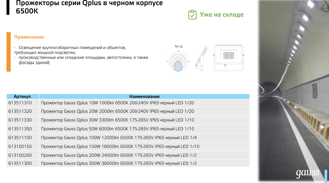 613511100 Прожектор Gauss Qplus 100W 12000lm 6500K 175-265V IP65 черный LED  1/4 купить за 3 690<span class=