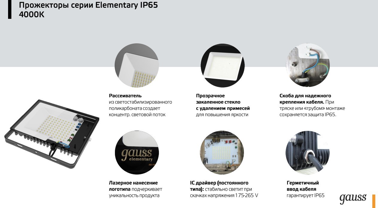 Прожектор светодиодный Gauss Elementary G2 100W 8995lm IP65 4000К черный  1/16