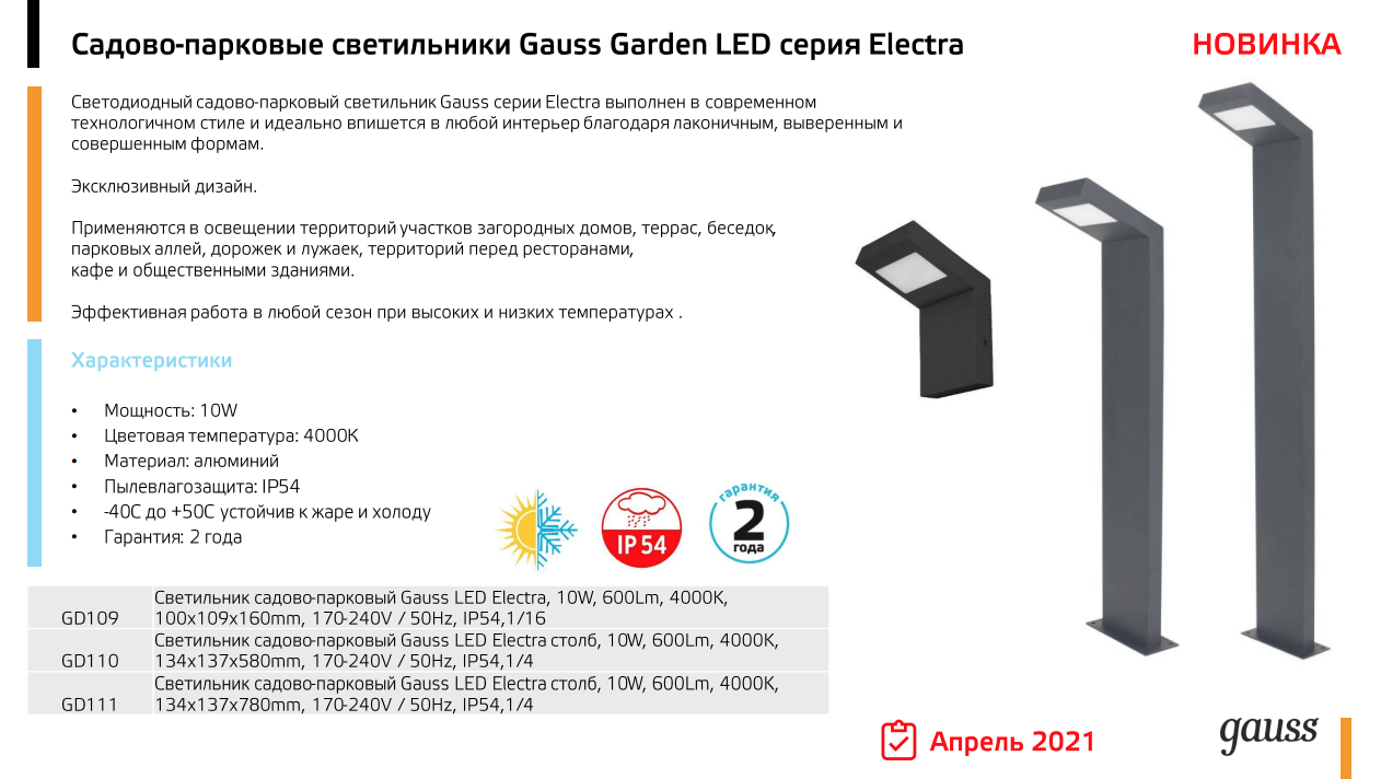 Светильник садово-парковый Gauss Electra столб, 10W, 600lm, 4000K,  134*137*580мм, 170-240V / 50Hz, IP54 LED (1/4)