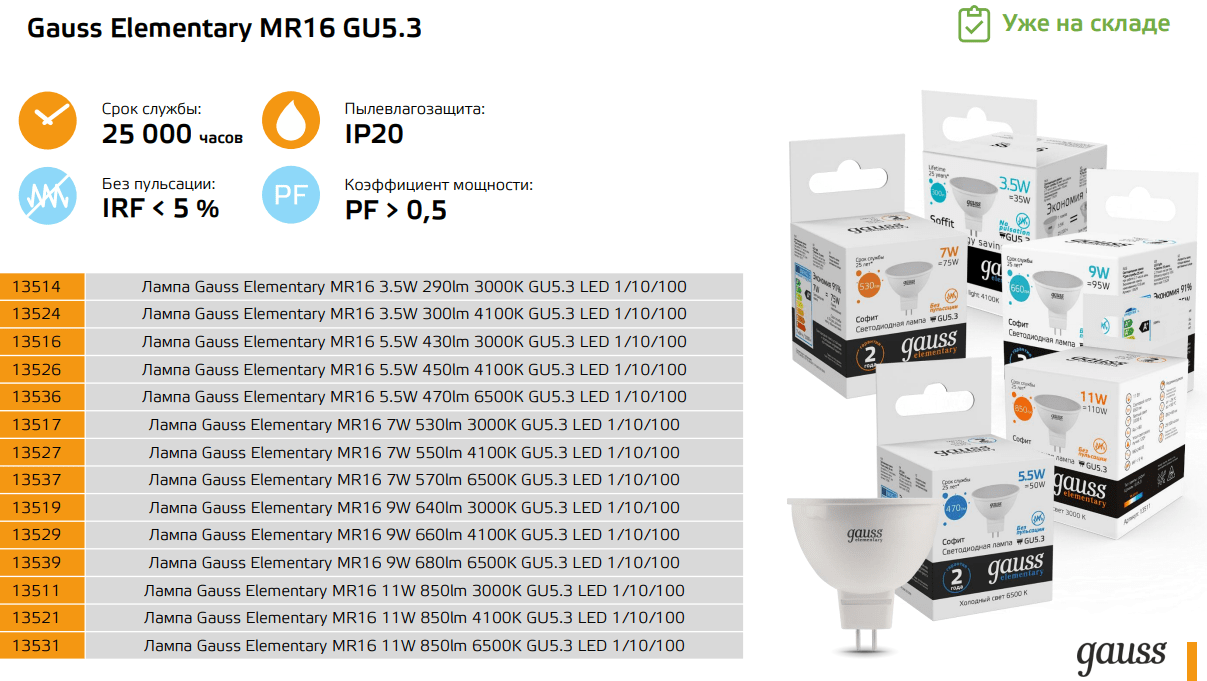 Gauss LED Elementary MR16 GU5.3 3.5W 4100K 1/10/100