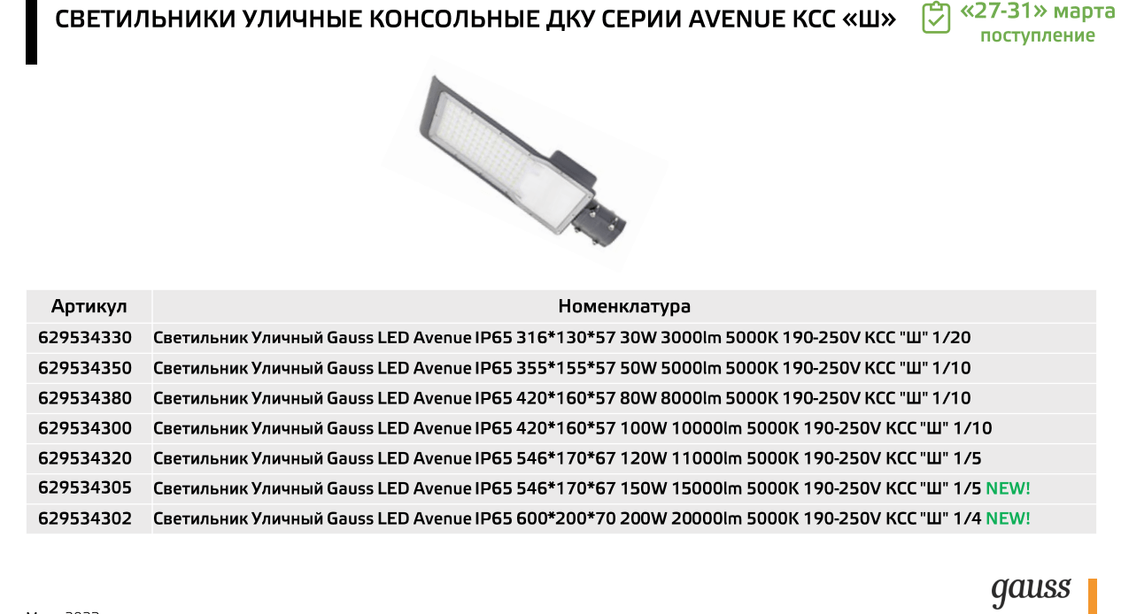 629534300 Светильник Уличный Gauss LED Avenue IP65 420*160*57 100W 10000lm  5000K 190-250V КСС 