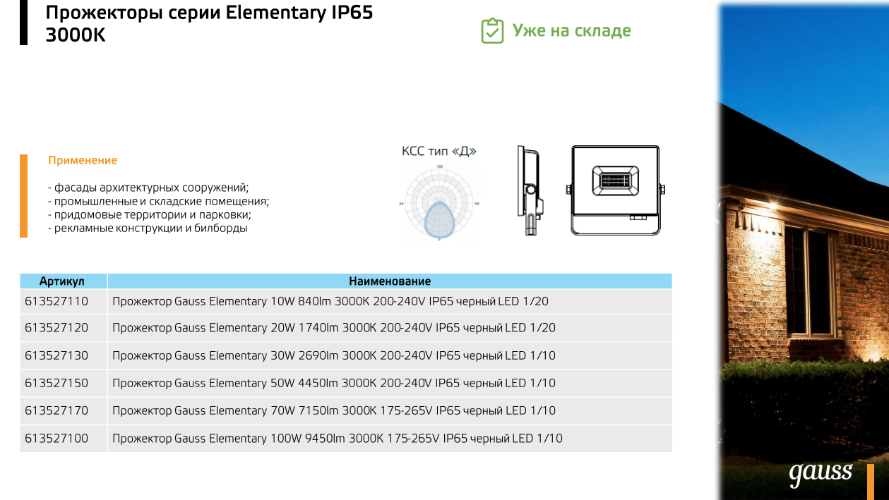 Прожектор светодиодный Gauss Elementary G2 20W 1790lm IP65 3000К черный 1/60