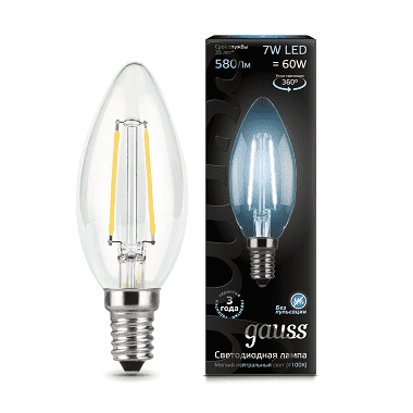 103801207 Лампа Gauss Filament Свеча 7W 580lm 4100К Е14 LED 1/10/50 ...