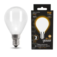 Лампа Gauss Filament Шар 9W 590lm 3000К Е14 milky LED 1/10/50
Артикул: 105201109