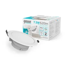 Фото Светильник Gauss Elementary Downlight круг 7,5W 620lm 4000K 185-250V IP54 95*45 монтаж белый LED 1/40 Артикул: 999420207