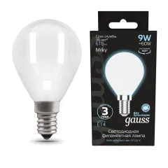 Лампа Gauss Filament Шар 9W 610lm 4100К Е14 milky LED 1/10/50
Артикул: 105201209