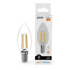 Лампа Gauss Filament Elementary Свеча 8W 510lm 2700К Е14 LED 1/10/100
Артикул: 32118