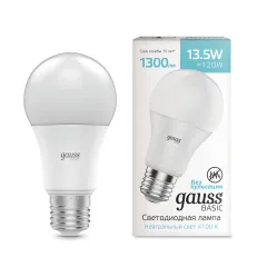 Лампа Gauss Basic A60 13,5W 1300lm 4100K Е27 LED 1/10/50
Артикул: 1023224
