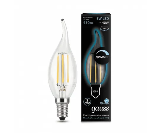 Gauss LED Filament Candle tailed диммируемая E14 5W 4100K 1/10/50