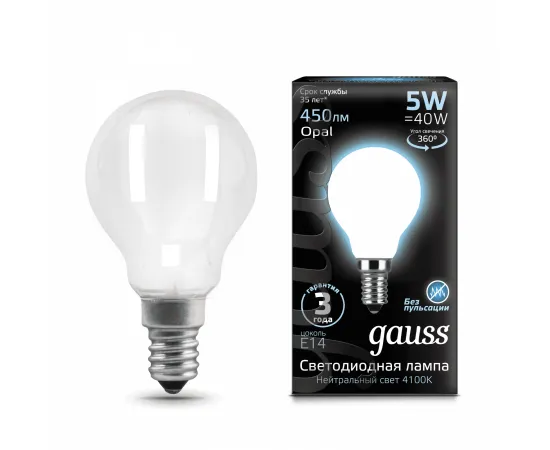 Gauss LED Filament Globe OPAL E14 5W 4100K 1/10/50