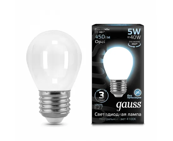 Gauss LED Filament Шар OPAL E27 5W 450lm 4100K 1/10/50 арт. 105202205