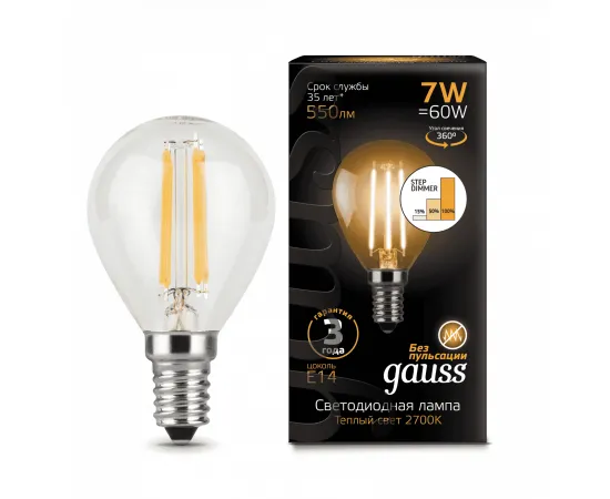 Gauss LED Filament Шар E14 7W 550lm 2700K step dimmable 1/10/50 арт. 105801107-S