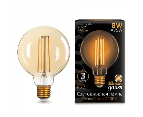 Gauss LED Filament G95 E27 8W Golden 740lm 2400К 1/20