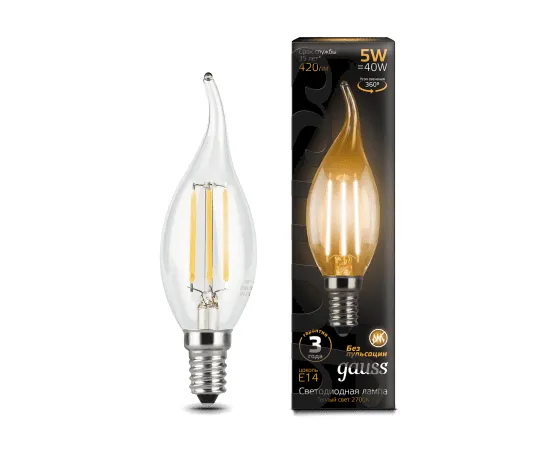 Фото характеристики Лампа Gauss Filament Свеча на ветру 5W 420lm 2700К Е14 LED арт.