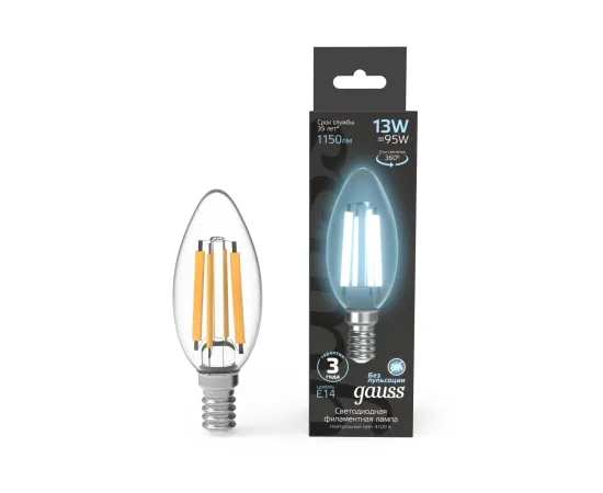 Фото Лампа Gauss Filament Свеча 13W 1150lm 4100К Е14 LED 1/10/50 Артикул: 103801213