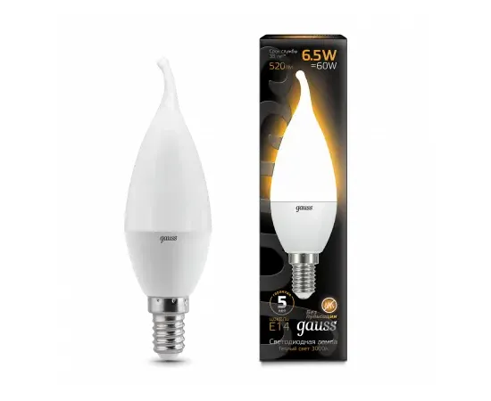 Фото характеристики Лампа Gauss Свеча на ветру 6.5W 520lm 3000K E14 LED арт. 104101107