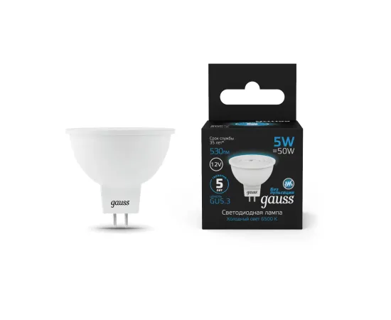 фото лампа Gauss MR16 12V 5W 530lm 6500K GU5.3 LED Артикул: 201505305