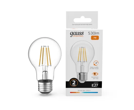 Лампа Gauss Filament Elementary А60 7W 530lm 2700К Е27 LED 1/10/50
Артикул: 22217