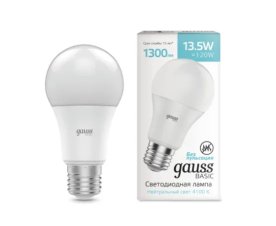 Лампа Gauss Basic A60 13,5W 1300lm 4100K Е27 LED 1/10/50
Артикул: 1023224