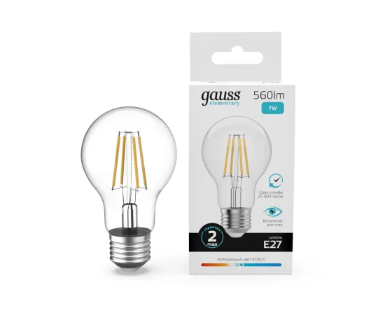 Лампа Gauss Filament Elementary А60 7W 560lm 4100К Е27 LED 1/10/50
Артикул: 22227