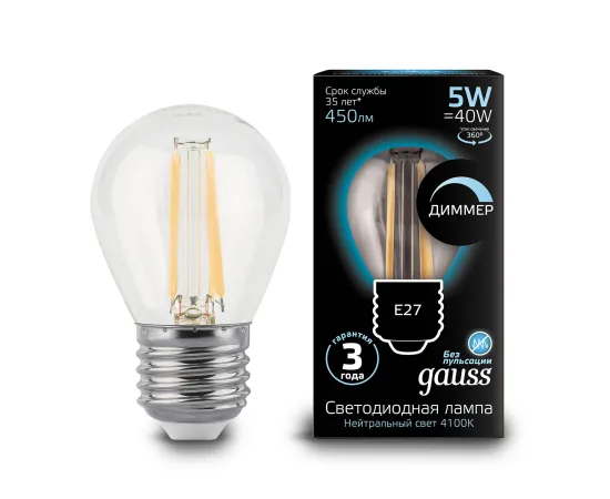 Фото Лампа Gauss Filament Шар 5W 450lm 4100К Е27 диммируемая LED 1/10/50 Артикул: 105802205-D