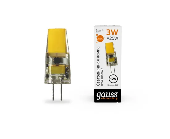 Лампа Gauss Elementary G4 12V 3W 250lm 3000K силикон LED 1/20/200