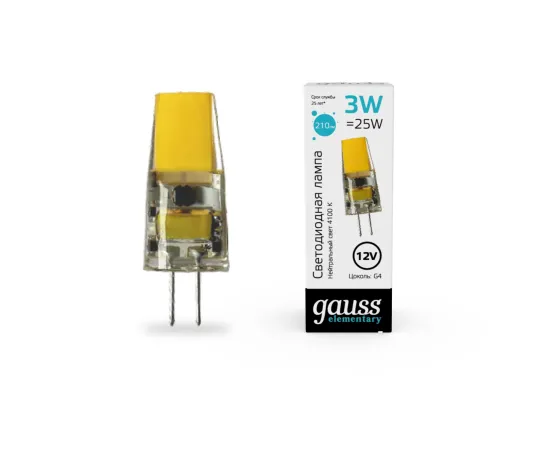 Лампа Gauss Elementary G4 12V 3W 250lm 4100K силикон LED 1/20/200