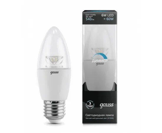 Gauss LED Candle-dim Crystal Clear E27 6W 4100К диммируемая 1/10/50 арт. 103202206-D