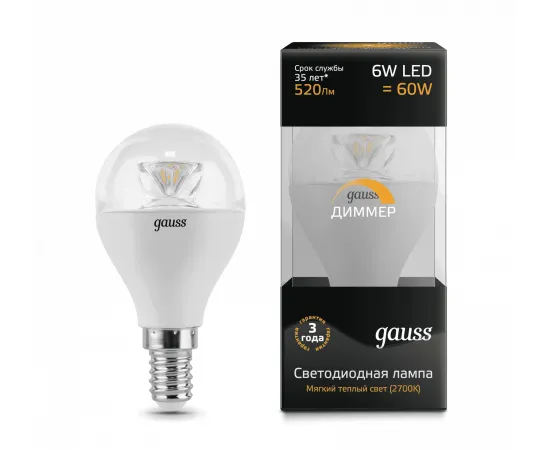 Gauss LED Globe-dim Crystal Clear E14 6W 2700K диммируемая 1/10/50 арт. 105201106-D