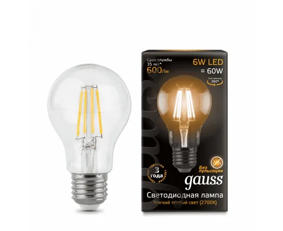 Gauss LED Filament A60 E27 6W 2700К 1/10/40 арт. 102802106