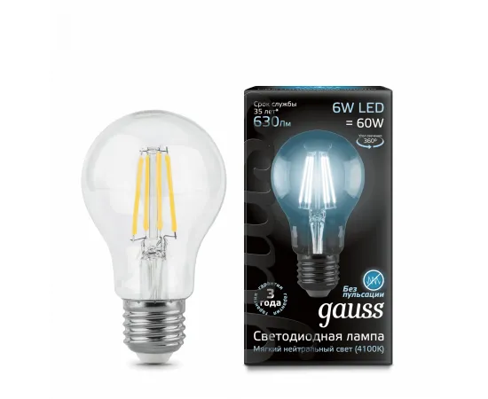Gauss LED Filament A60 E27 6W 4100К 1/10/40 арт. 102802206