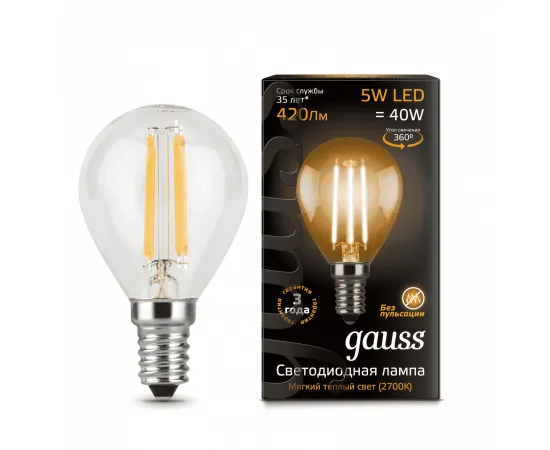 Gauss LED Filament Globe E14 5W 2700K 1/10/50 арт. 105801105