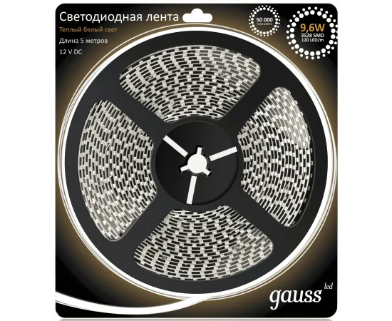 Лента Gauss LED 3528/120-SMD 9.6W 12V DC теплый белый IP66 (блистер 5м) арт. EB311000110