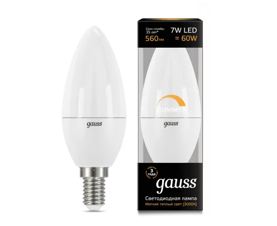 Gauss LED Candle-dim E14 7W 3000К диммируемая 1/10/100 арт. 103101107-D
