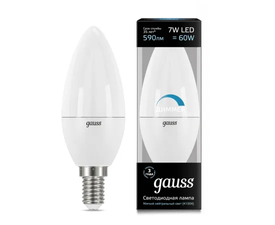 Gauss LED Candle-dim E14 7W 4100К диммируемая 1/10/100 арт. 103101207-D